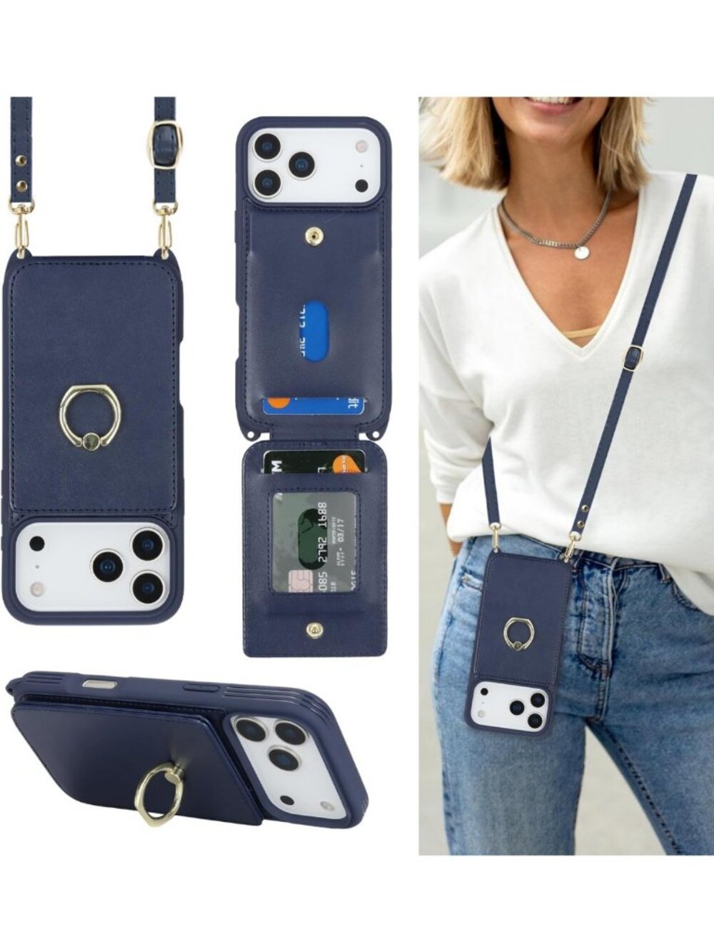 Stylish Dark Blue Crossbody Wallet Case for iPhone 17 Pro with Adjustable Strap